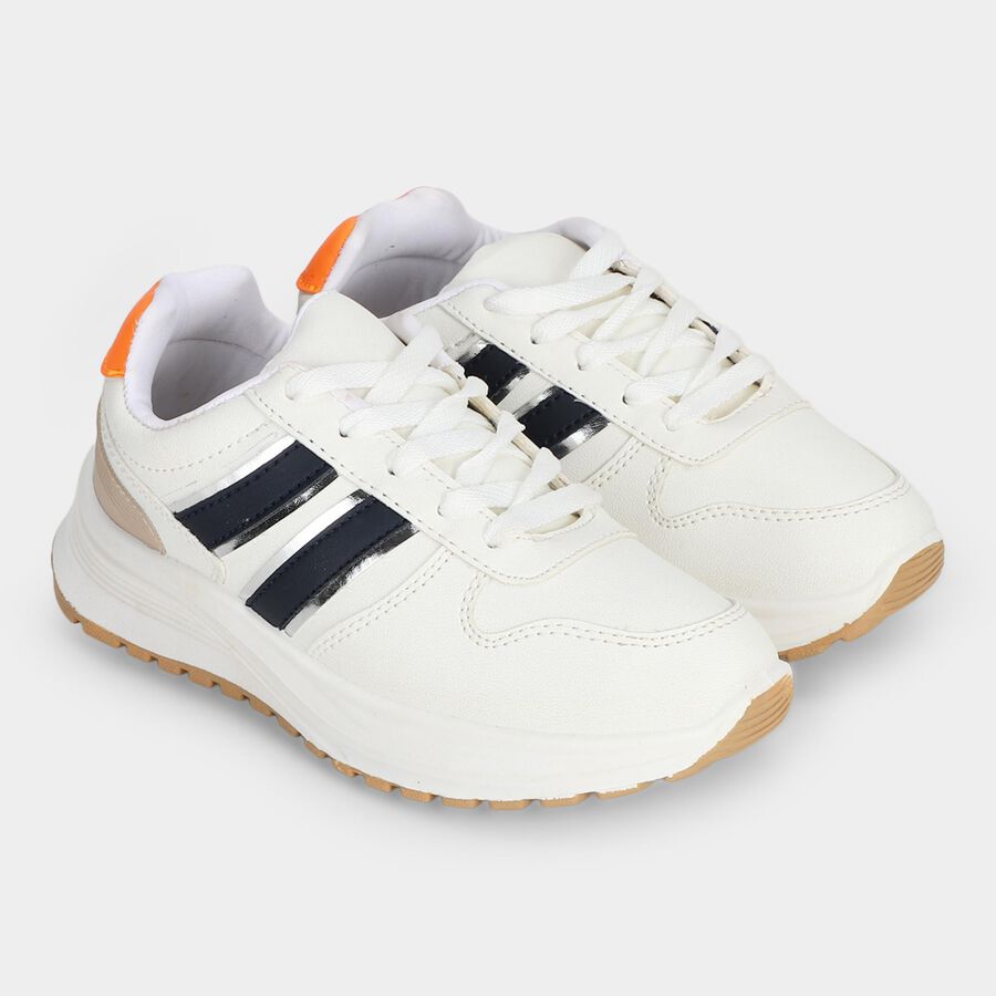 Women's White Lace-Up Low-Top Sneakers, सफ़ेद, large
