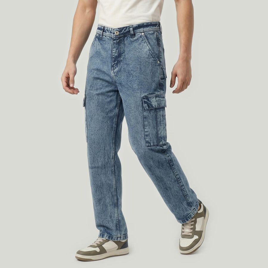 Men's Light Blue Cargo Fit Washed Jeans, Light Blue, large