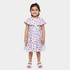 Girls' White Floral Printed Ruffle Neck Cotton Frock, ऑफ व्हाइट, small