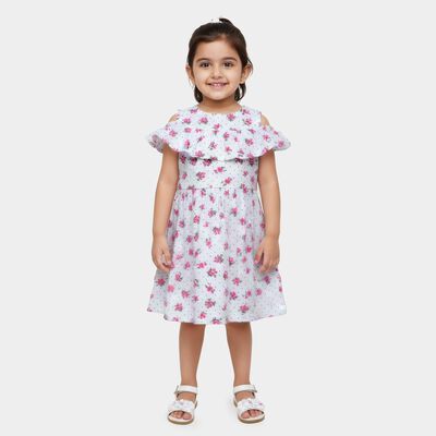 Girls' White Floral Printed Ruffle Neck Cotton Frock