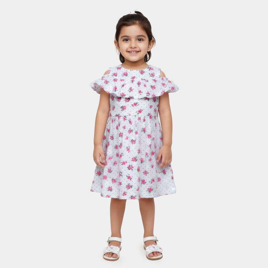 Girls' White Floral Printed Ruffle Neck Cotton Frock, ऑफ व्हाइट, large