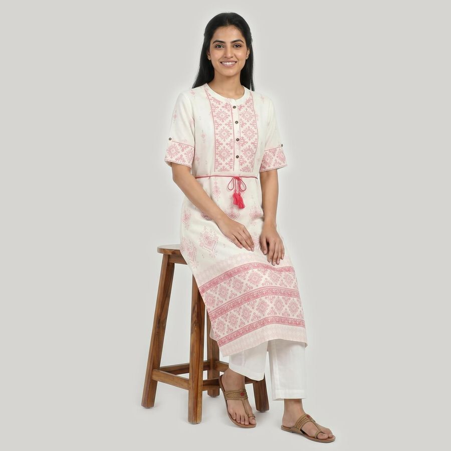 Women's Light Pink Round Neck Geometric Printed Straight Kurta, Light Pink, large