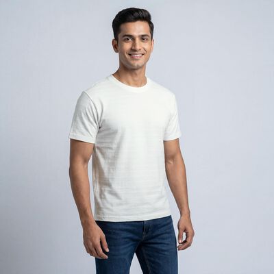 Men's White Round Neck Casual Printed T-Shirt