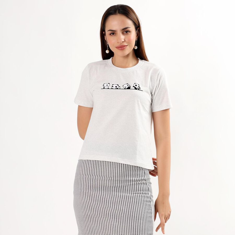 Women's Soft White Round Neck Casual T-Shirt, Ecru Melange, large