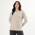 Women's Oatmeal Crew Neck Casual Pullover, ऑफ व्हाइट, small image number null