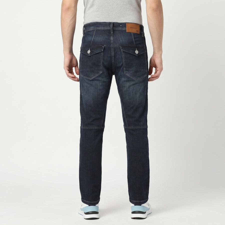 Men's Navy Blue Straight Fit Panelled Washed Jeans, Dark Blue, large