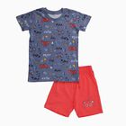 Boys' Blue Cotton Round Neck Printed Baba Suit, Dark Grey, small
