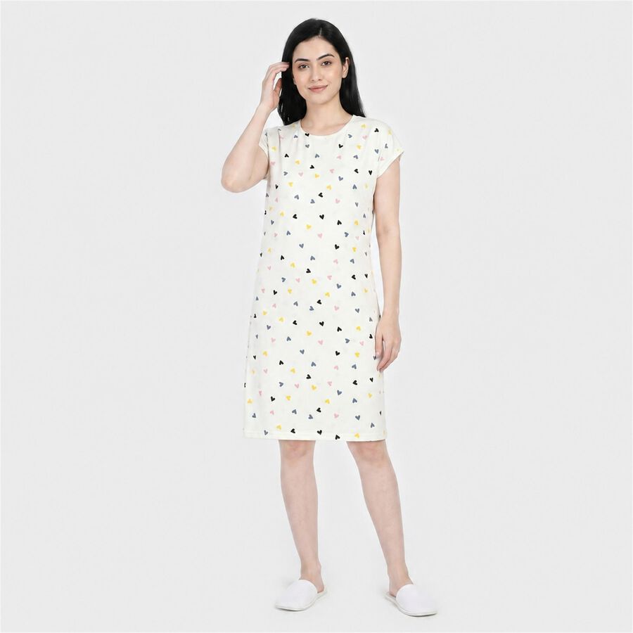 Women's White Round Neck T-Shirt Style Nighty, सफ़ेद, large