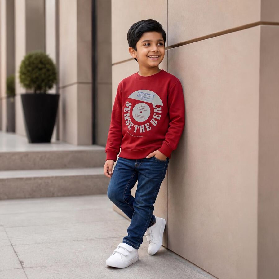 Boys' Maroon Crew Neck Graphic Print Sweatshirt, Maroon, large