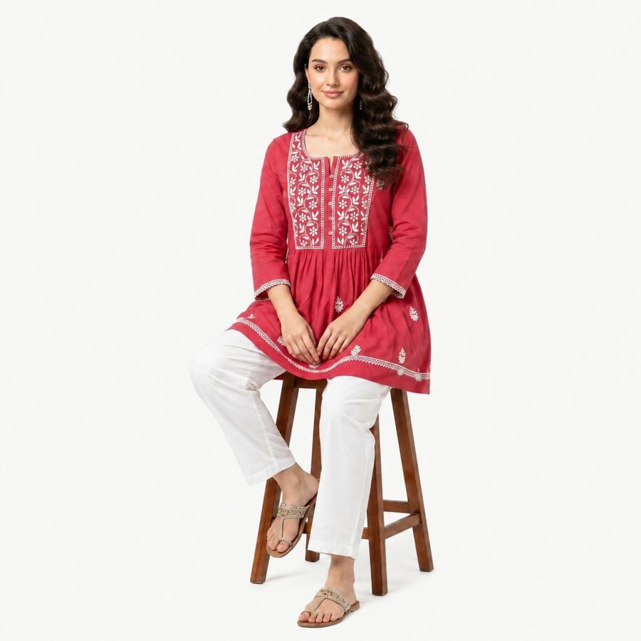 Women's Pink Cotton Straight Kurta, गुलाबी, large