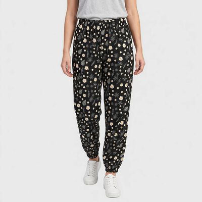 Women's Black Relaxed Fit Printed Harem Pants