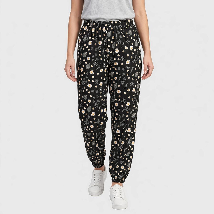 Women's Black Relaxed Fit Printed Harem Pants, काला, large
