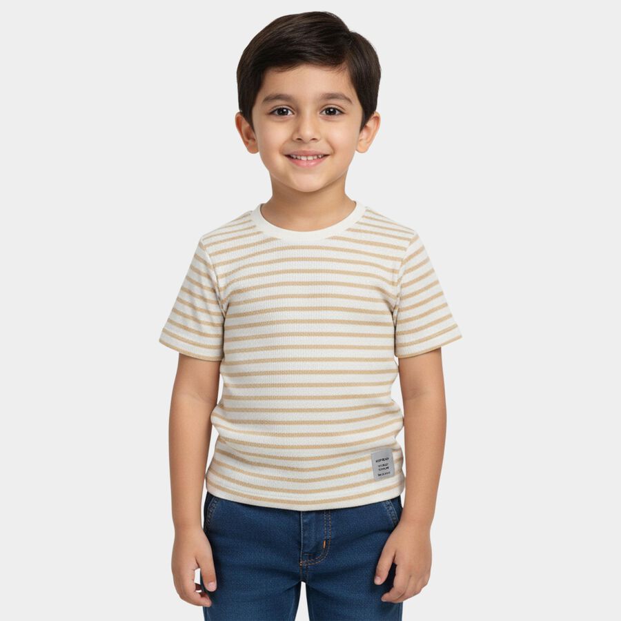 Boys Beige Round Neck Casual Half Sleeve T-Shirt, Beige, large