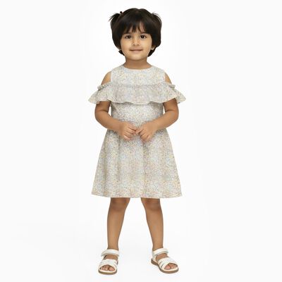 Girls' Pastel Floral Cold Shoulder Ruffle Frock