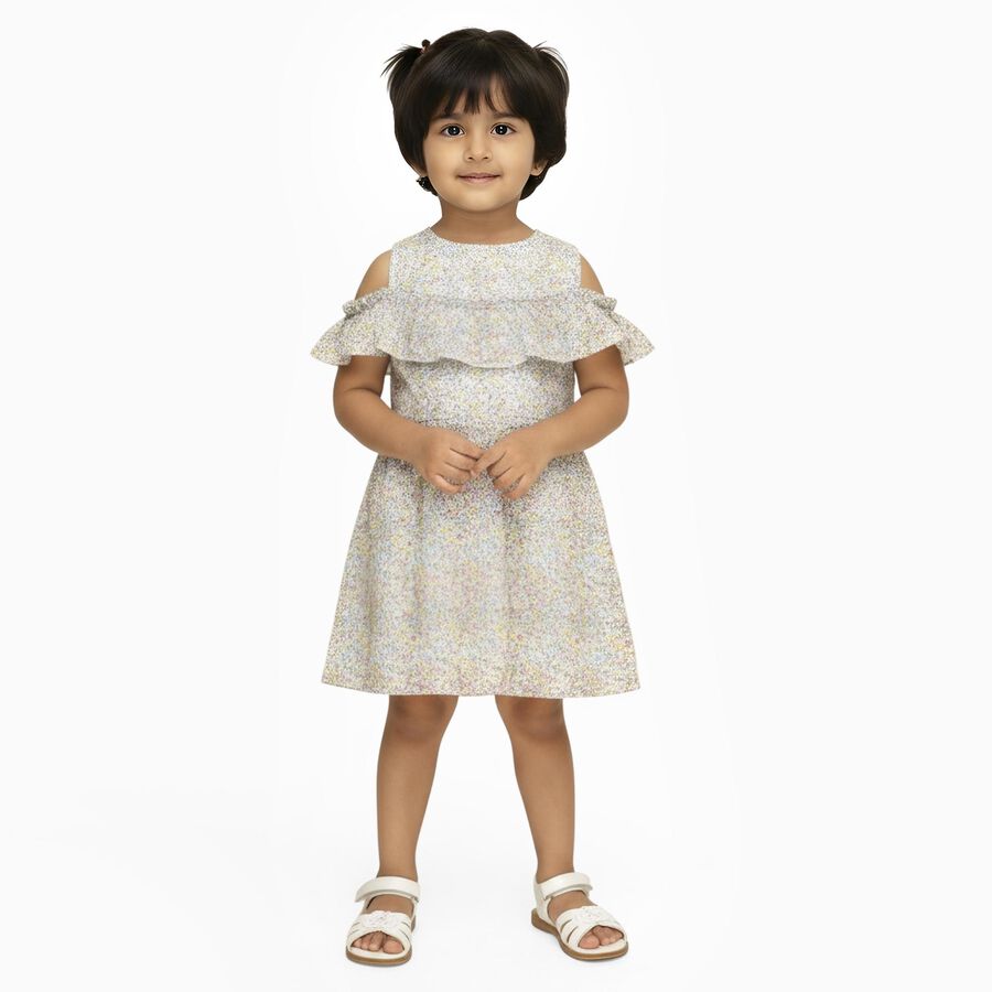Girls' Pastel Floral Cold Shoulder Ruffle Frock, Off White, large image number null
