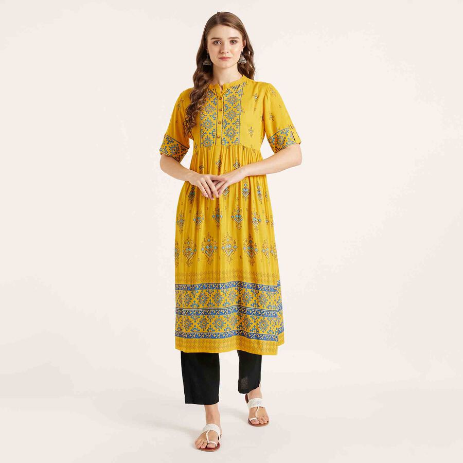 Printed 3/4th Sleeve Kurta, पीला, large image number null