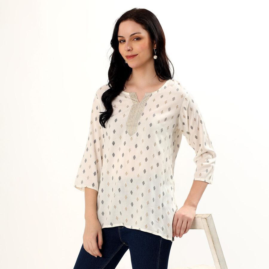 Women's Ivory Round Neck Printed Kurti, Off White, large image number null