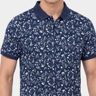 Men's Navy Blue Cotton Polo Neck Floral Printed T-Shirt, Navy Blue, small