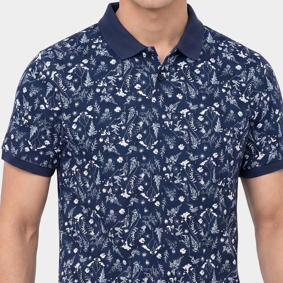 Men's Navy Blue Cotton Polo Neck Floral Printed T-Shirt, Navy Blue, large