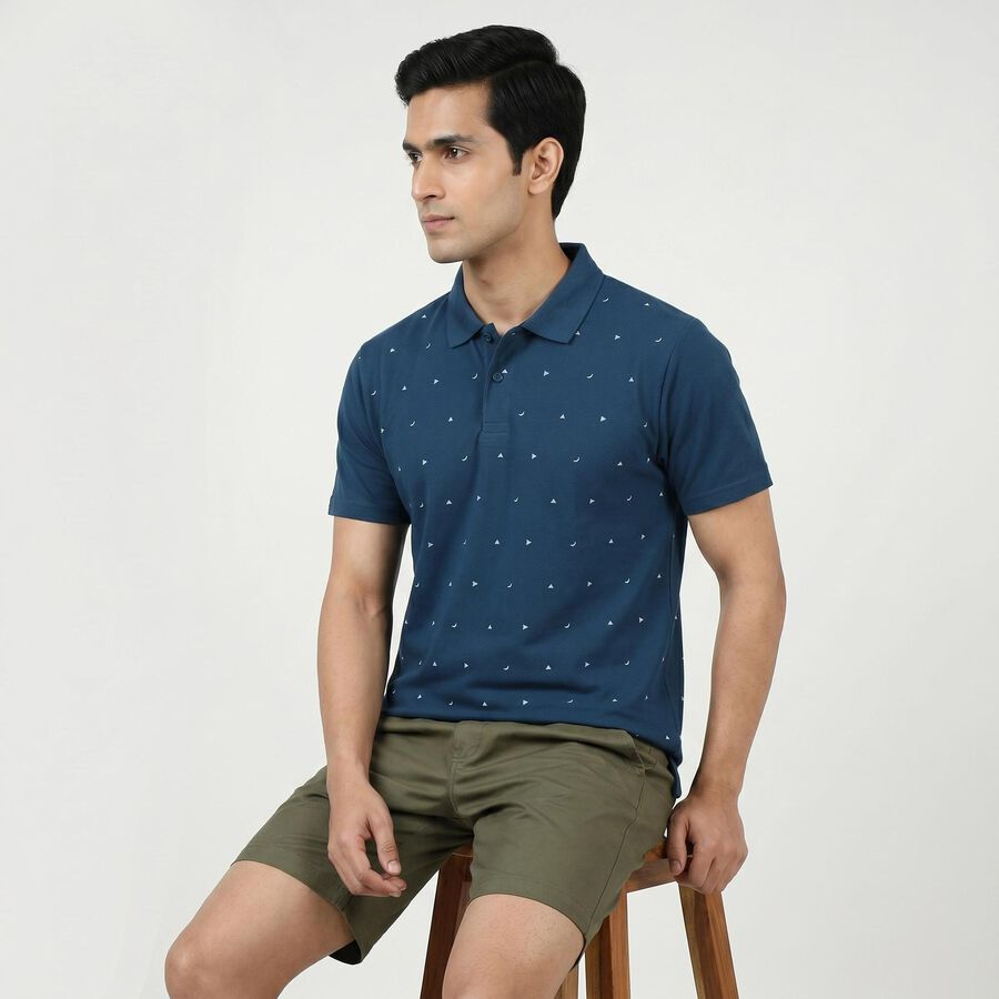Men's Blue Polo Neck Printed T-Shirt, टील ब्लू, large