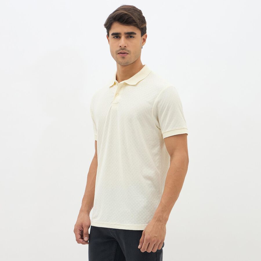 Men's Eggshell White Polo Neck Textured T-Shirt, ऑफ व्हाइट, large image number null