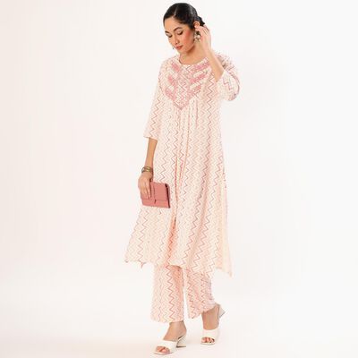 Women's Soft Ivory Pink Embroidered Ethnic Set