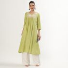 Women's Light Sage Green Cotton V-Neck Embroidered Kurta, Light Green, small image number null