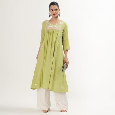 Women's Light Sage Green Cotton V-Neck Embroidered Kurta