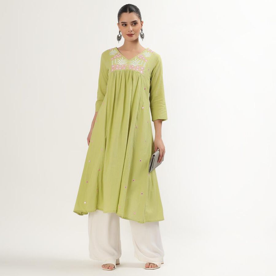 Women's Light Sage Green Cotton V-Neck Embroidered Kurta, Light Green, large image number null