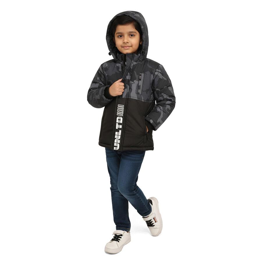 Boys' Black and Grey Hooded Casual Jacket, Mid Blue, large image number null