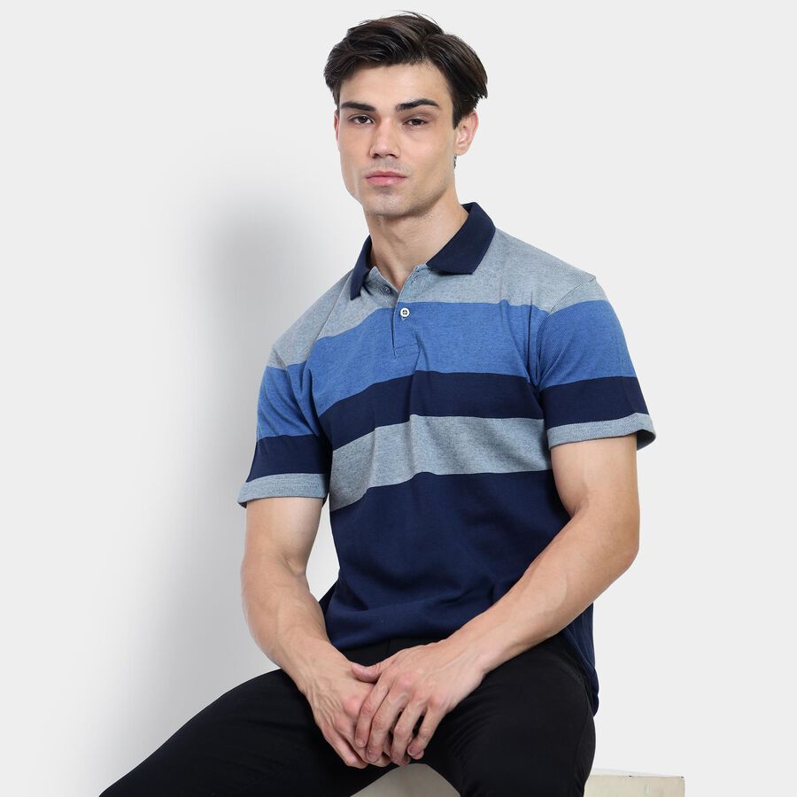 Men's 100% Cotton Collared Half Sleeves T-Shirt , Navy Blue, large image number null