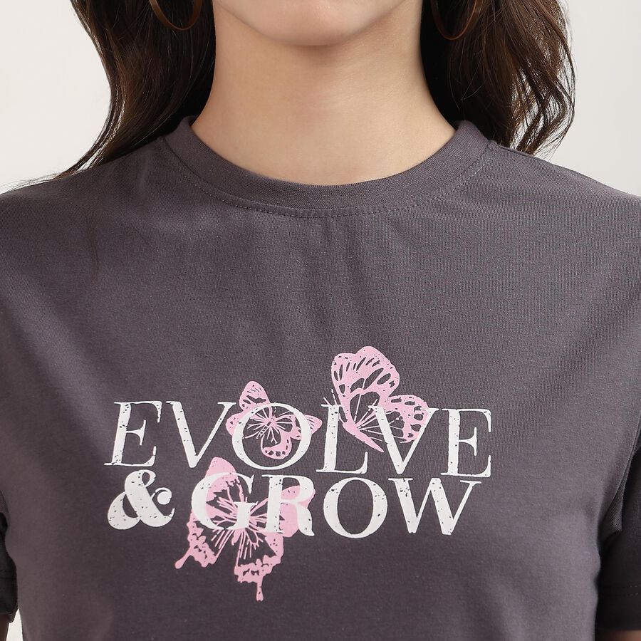 Women's Dark Grey Round Neck Casual T-Shirt, Dark Grey, large