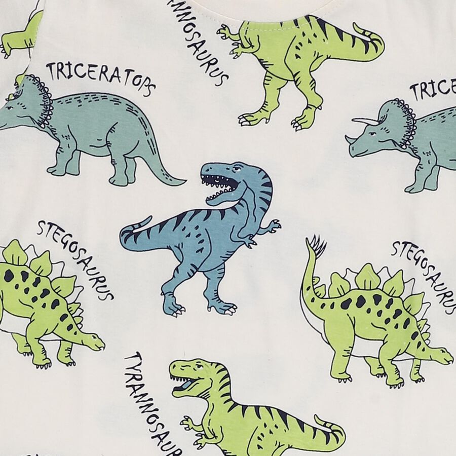 Boys' Off White Cotton Round Neck Dinosaur Printed Baba Suit, Off White, large image number null