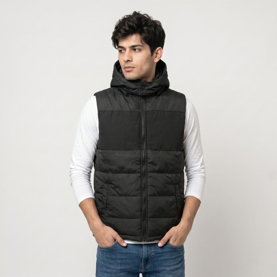 Men's Black Hooded Puffer Jacket, Black, large