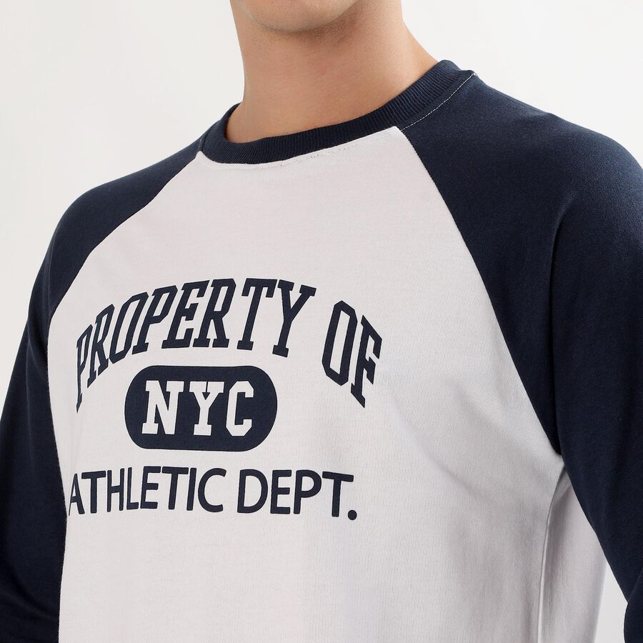 Men's Navy Blue and White Crew Neck Casual Graphic T-Shirt, Mid Blue, large image number null