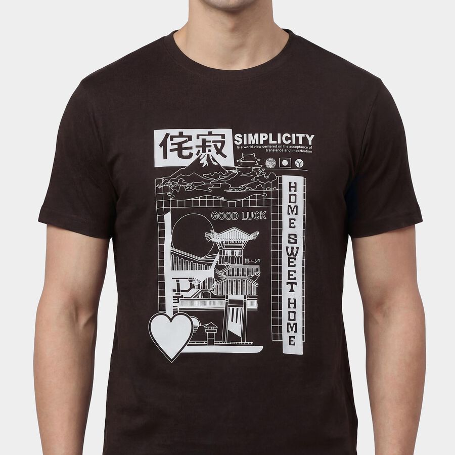 Men's Brown Round Neck Minimalist T-Shirt, भूरा, large