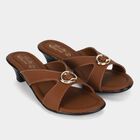 Women's Brown Slip-On Buckle Detail Heeled Sandals, Brown, small