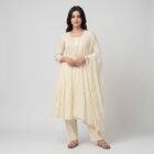 Women's Cream Cotton Embellished Kurta Set Ethnic Set, ऑफ व्हाइट, small