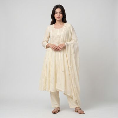 Women's Cream Cotton Embellished Kurta Set Ethnic Set