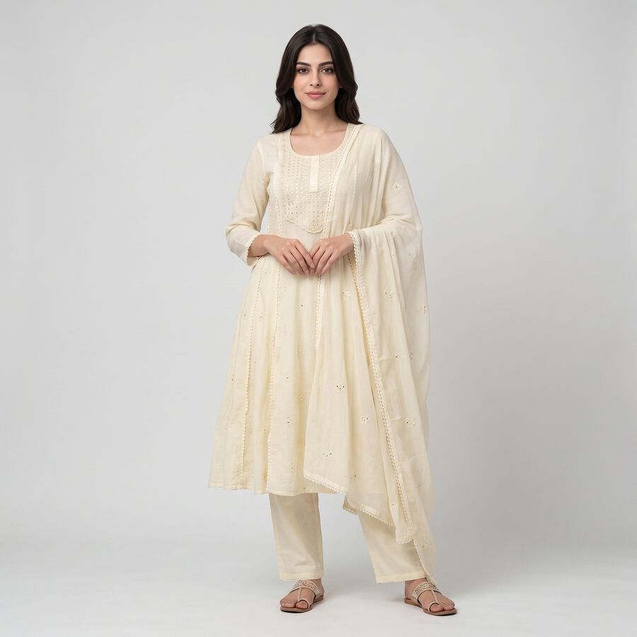 Women's Cream Cotton Embellished Kurta Set Ethnic Set, ऑफ व्हाइट, large