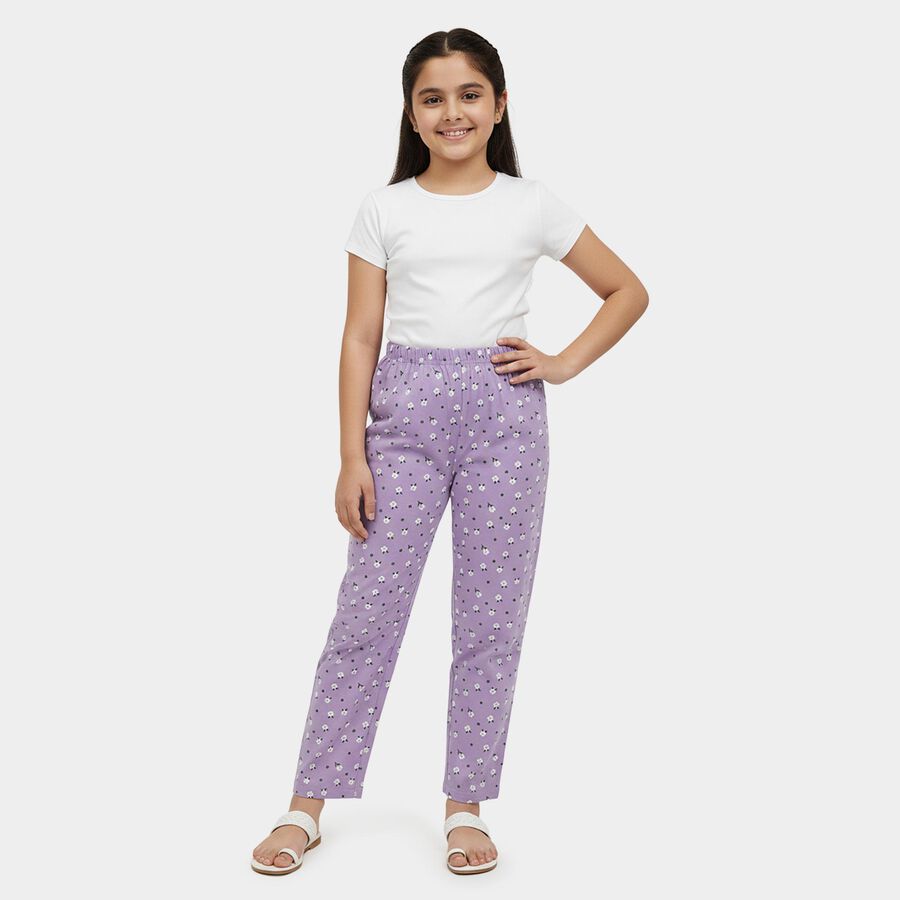 Girls' Purple Regular Fit Cat Printed Cotton Blend Pyjama, Purple, large