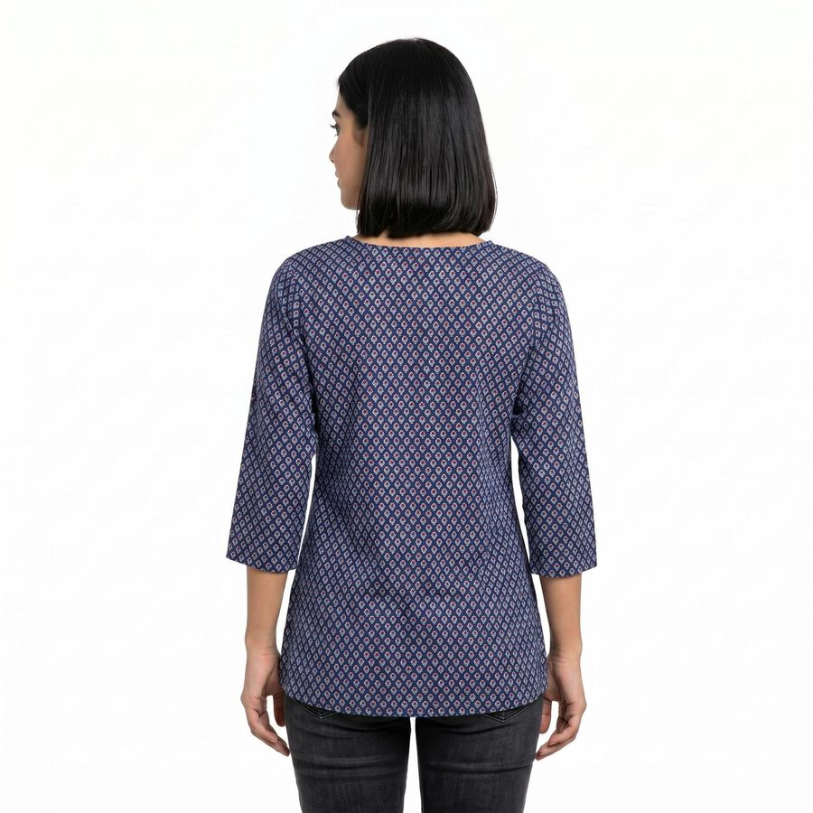 Women's Navy Blue Round Neck Printed Kurti, गहरा नीला, large
