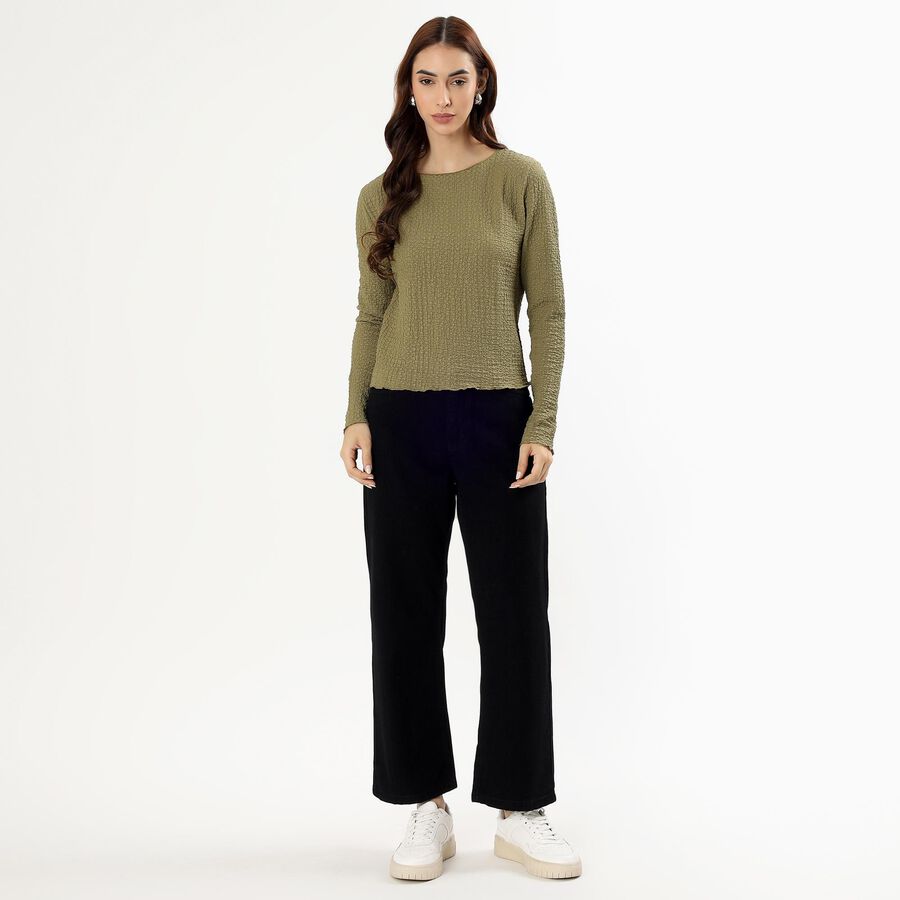 Women's Muted Olive Green Round Neck Casual Top, Olive, large image number null