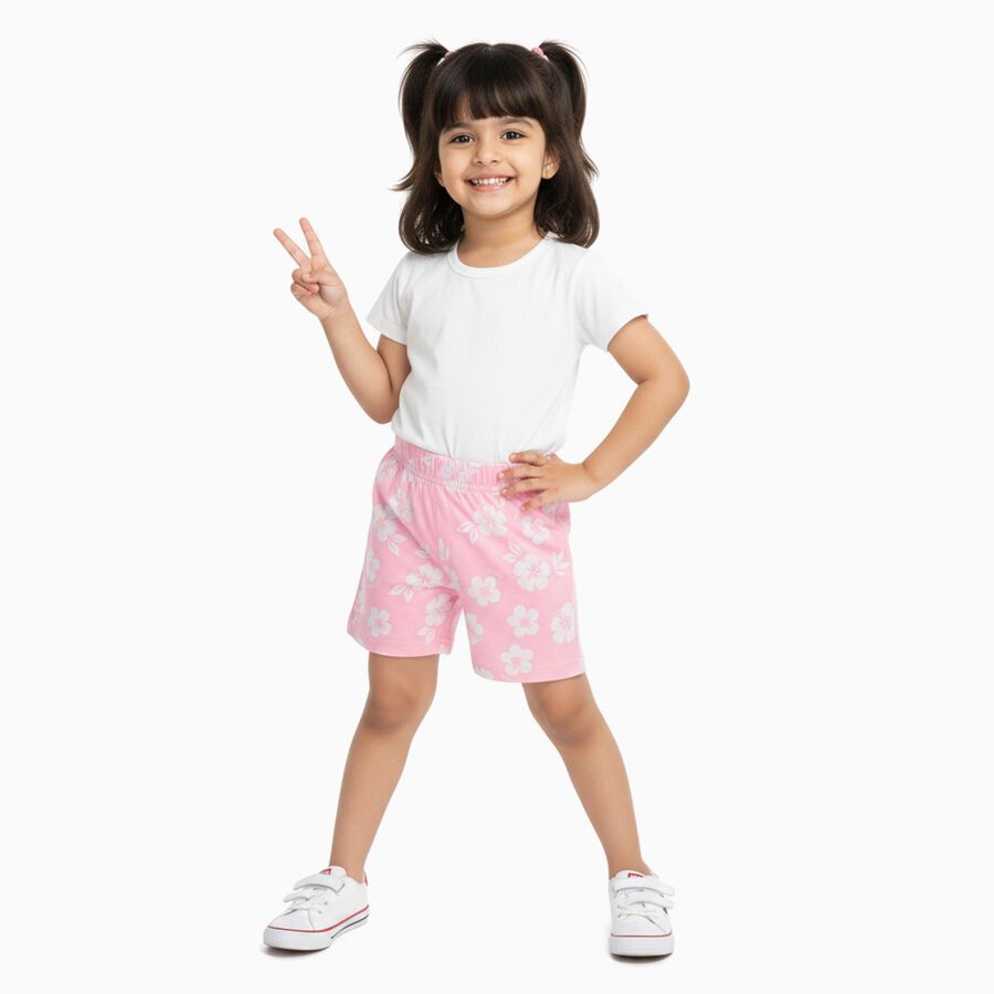 Girls' Soft Pink Floral Cotton Blend Shorts, गुलाबी, large