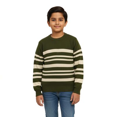 Boys Olive Green Crew Neck Striped Pullover