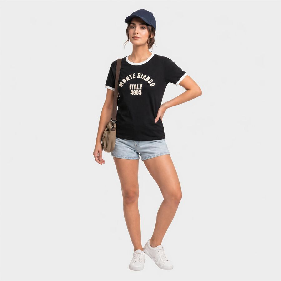Women Black Round Neck Regular T-Shirt, Black, large