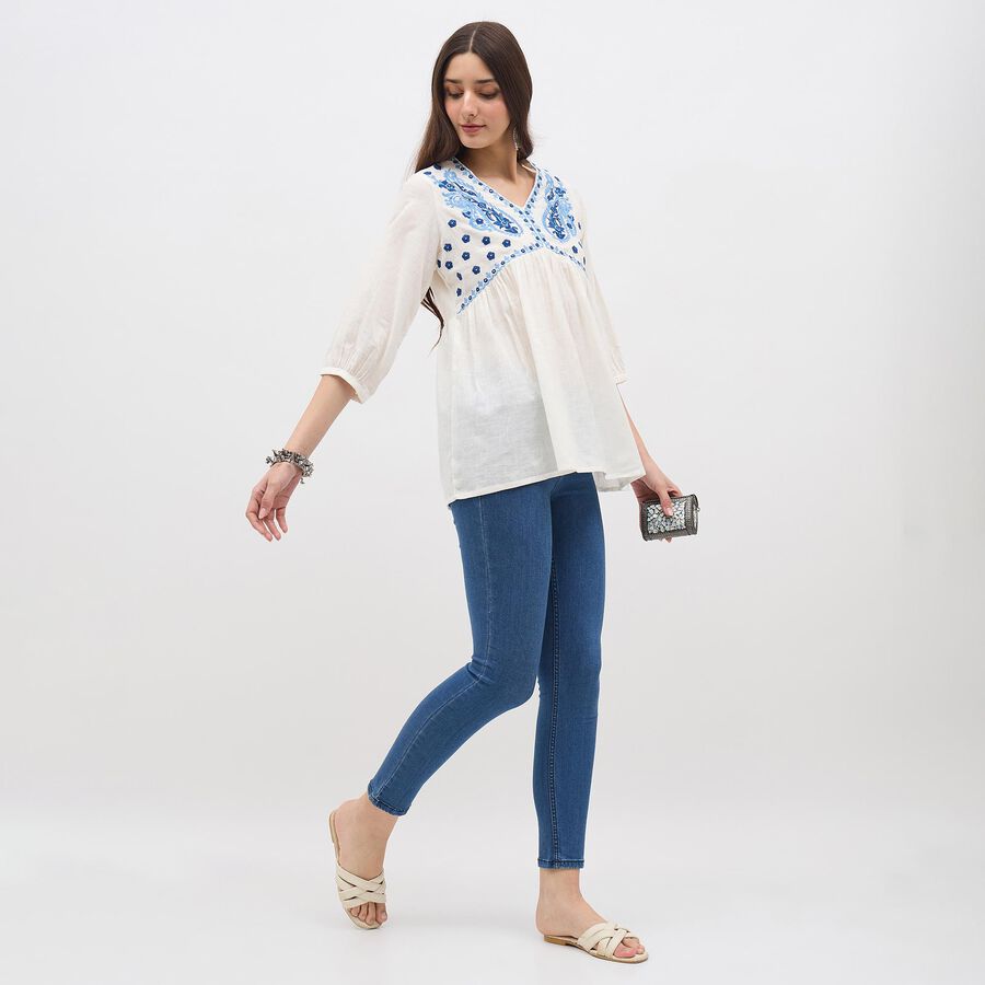 Women's White Cotton V-Neck Embroidered Kurti, White, large image number null