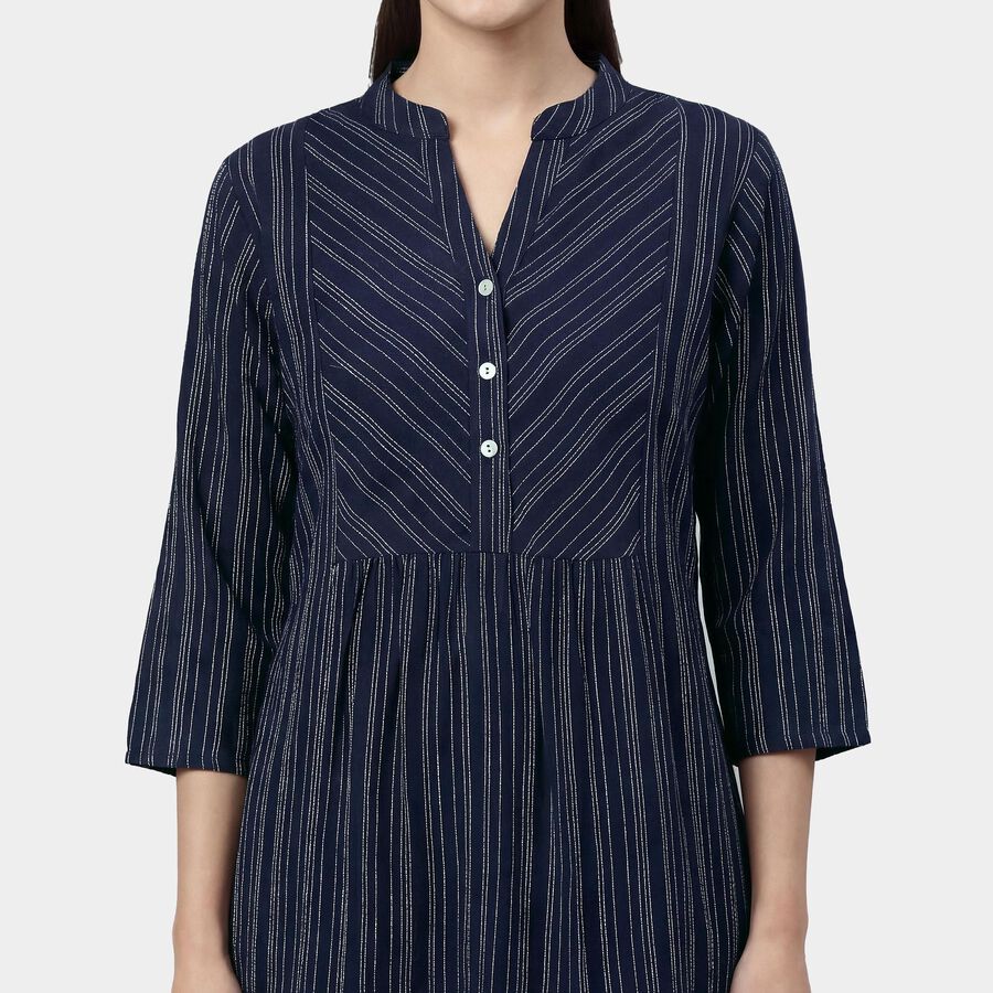 Women's Navy Blue Round Notch Neck Floral Printed Kurti, Navy Blue, large