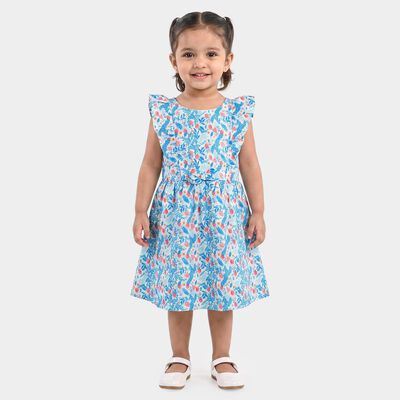 Girls' Light Blue Floral Printed Fit and Flare Frock