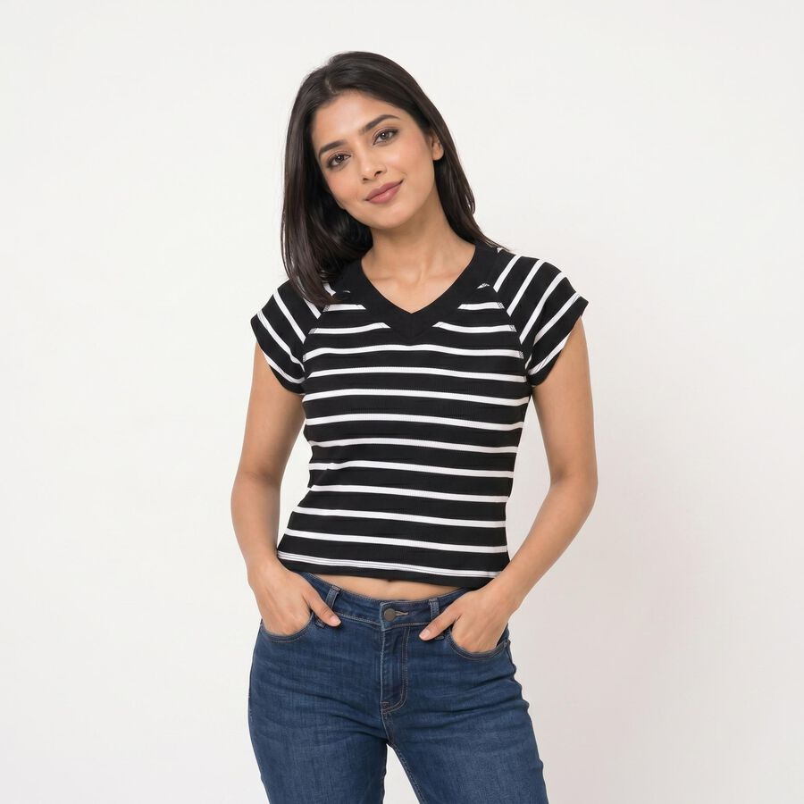 Women's Black V-Neck Regular T-Shirt, काला, large